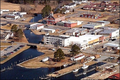 An aerial view of downtown Belhaven